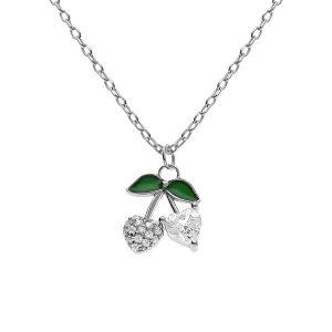 COLLIER ARGENT RHODIÉ PENDENTIF CERISE OXYDES FORME COEUR BLANCS ET VERTS 39+4CM