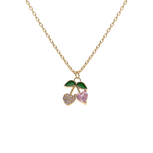 COLLIER ARGENT DORÉ PENDENTIF CERISE OXYDES FORME COEUR ROSES ET VERTS 39+4CM