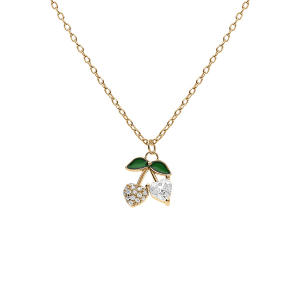 COLLIER ARGENT DORÉ PENDENTIF CERISE OXYDES FORME COEUR BLANCS ET VERTS 39+4CM