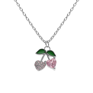 COLLIER ARGENT RHODIÉ PENDENTIF CERISE OXYDES FORME COEUR ROSES ET VERTS 39+4CM