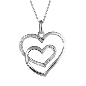 COLLIER ARGENT RHODIÉ PENDENTIF DOUBLE COEURS PIERRES BLANCHES 42CM