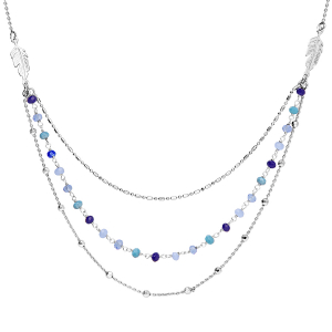 COLLIER ARGENT RHODIÉ PLUME 3 RANGS PIERRES SYNTHETIQUES DEGRADES BLEU 42+3CM