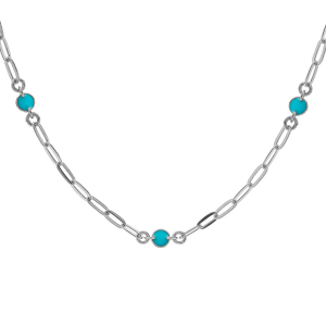 COLLIER ARGENT RHODIÉ PETITE MAILLE RECTANGULAIRE 5 RONDS AVEC RÉSINE BLEUE CIEL 38+5CM