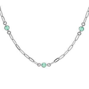 COLLIER ARGENT RHODIÉ PETITE MAILLE RECTANGULAIRE 5 RONDS AVEC RÉSINE VERTE 38+5CM