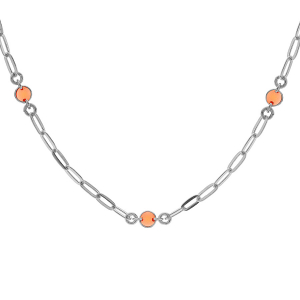 COLLIER ARGENT RHODIÉ PETITE MAILLE RECTANGULAIRE 5 RONDS AVEC RÉSINE ORANGE 38+5CM