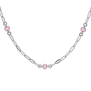 COLLIER ARGENT RHODIÉ PETITE MAILLE RECTANGULAIRE 5 RONDS AVEC RÉSINE ROSE 38+5CM