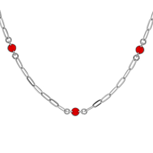 COLLIER ARGENT RHODIÉ PETITE MAILLE RECTANGULAIRE 5 RONDS AVEC RÉSINE ROUGE 38+5CM