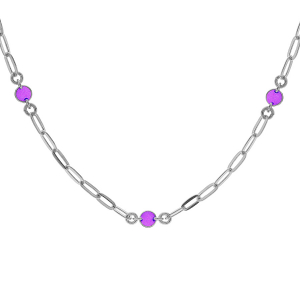COLLIER ARGENT RHODIÉ PETITE MAILLE RECTANGULAIRE 5 RONDS AVEC RÉSINE VIOLET 38+5CM