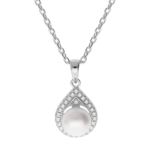 COLLIER ARGENT RHODIÉ PENDENTIF PERLE DE CULTURE D'EAU DOUCE BLANCHE 8MM  ET CONTOUR OXYDES BLANCS SERTIS  42+3CM