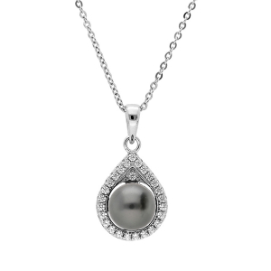 COLLIER ARGENT RHODIÉ PENDENTIF PERLE DE CULTURE DE TAHITI VÉRITABLE 8MM  ET CONTOUR OXYDES BLANCS SERTIS  42+3CM