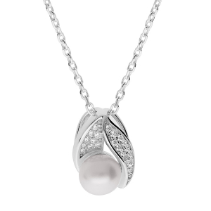 COLLIER ARGENT RHODIÉ PENDENTIF PERLE DE CULTURE D'EAU DOUCE BLANCHE 8MM  ET OXYDES BLANCS SERTIS  42+3CM