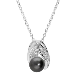 COLLIER ARGENT RHODIÉ PENDENTIF PERLE DE CULTURE DE TAHITI VÉRITABLE ET OXYDES BLANCS SERTIS  42+3CM