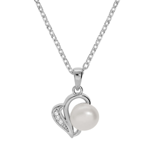 COLLIER ARGENT RHODIÉ PENDENTIF PERLE DE CULTURE D'EAU DOUCE BLANCHE 8MM  ET OXYDES BLANCS SERTIS  42+3CM