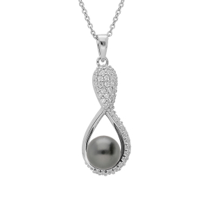 COLLIER ARGENT RHODIÉ PENDENTIF PERLE DE CULTURE DE TAHITI  VÉRITABLE 7MM  ET OXYDES BLANCS SERTIS  42+3CM