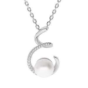 COLLIER ARGENT RHODIÉ PENDENTIF PERLE DE CULTURE D'EAU DOUCE BLANCHE 9MM  ET OXYDES BLANCS SERTIS  42+3CM