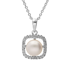 COLLIER ARGENT RHODIÉ PENDENTIF CARRÉ OXYDES BLANCS AVEC PERLE DE CULTURE D'EAU DOUCE BLANCHE 40+4CM
