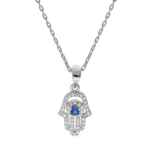 COLLIER ARGENT RHODIÉ PENDENTIF MAIN DE FATMA OXYDES BLANCS ET BLEU 35+5CM