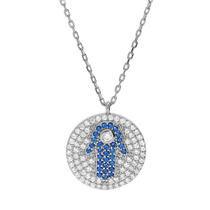 COLLIER ARGENT RHODIÉ PENDENTIF MAIN DE FATMA OXYDES BLANCS ET BLEUS 40+5CM