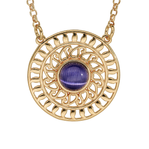 COLLIER ARGENT ET DORURE JAUNE MOTIF ROND ANTIQUE AJOURE PIERRE VIOLETTE SYNTHETIQUE 42+3CM