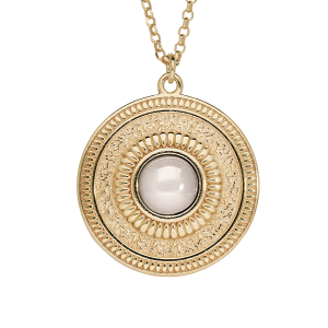 COLLIER ARGENT ET DORURE JAUNE MOTIF ROND ANTIQUE ET PIERRE OPALE IMITATION 42+3CM