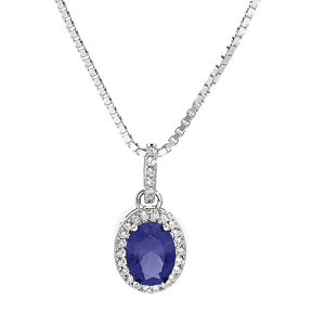 COLLIER ARGENT RHODIÉ PENDENTIF PIERRE CENTRALE BLEU SYNTHETIQUE ET CONTOUR OXYDES BLANCS SERTIS 42+3CM