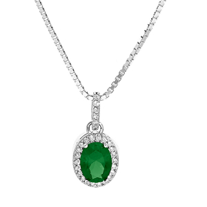 COLLIER ARGENT RHODIÉ PENDENTIF PIERRE CENTRALE VERTE SYNTHETIQUE ET CONTOUR OXYDES BLANCS SERTIS 42+3CM