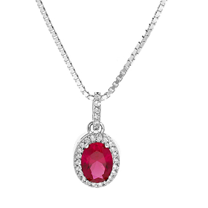 COLLIER ARGENT RHODIÉ PENDENTIF PIERRE CENTRALE ROUGE SYNTHETIQUE ET CONTOUR OXYDES BLANCS SERTIS 42+3CM