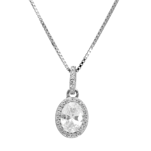 COLLIER ARGENT RHODIÉ PENDENTIF PIERRE CENTRALE BLANCHE SYNTHETIQUE ET CONTOUR OXYDES BLANCS SERTIS 42+3CM