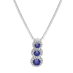 COLLIER ARGENT RHODIÉ PENDENTIF 3 PIERRES BLEUES SYNTHETIQUE EN CHUTE ET CONTOUR OXYDES BLANCS SERTIS 42+3CM