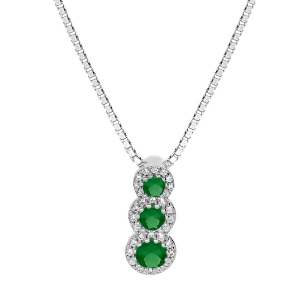 COLLIER ARGENT RHODIÉ PENDENTIF 3 PIERRES VERTES SYNTHETIQUE EN CHUTE ET CONTOUR OXYDES BLANCS SERTIS 42+3CM