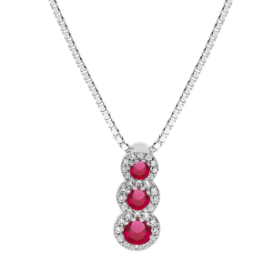 COLLIER ARGENT RHODIÉ PENDENTIF 3 PIERRES ROUGES SYNTHETIQUE EN CHUTE ET CONTOUR OXYDES BLANCS SERTIS 42+3CM