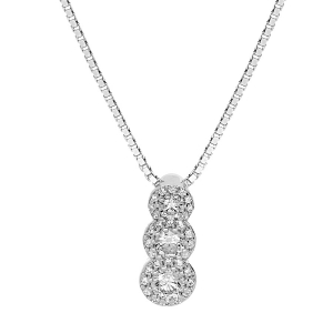 COLLIER ARGENT RHODIÉ PENDENTIF 3 PIERRES BLANCHES SYNTHETIQUE EN CHUTE ET CONTOUR OXYDES BLANCS SERTIS 42+3CM