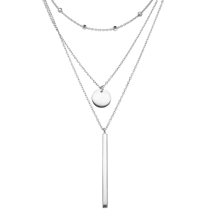 COLLIER ARGENT RHODIÉ TRIPLE CHAINE PENDANT PASTILLE ET TUBE 42+3CM
