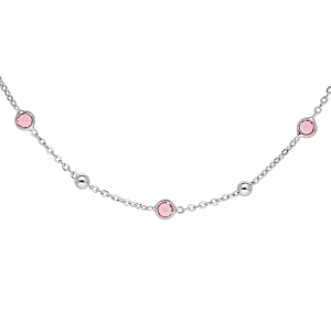 COLLIER ARGENT RHODIÉ 5 PIERRES ROSE SERTIES SYNTHETIQUE ET BOULES  42+3CM