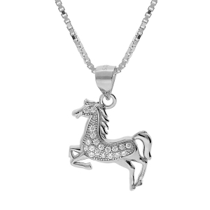 COLLIER ARGENT RHODIÉ PENDENTIF CHEVAL OXYDES BLANCS SERTIS 42+3CM
