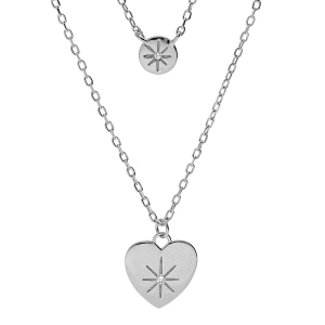 COLLIER ARGENT RHODIÉ DOUBLE CHAINE PENDENTIF PASTILLE ET COEUR MOTIF ETOILE DU BERGER 40+5CM