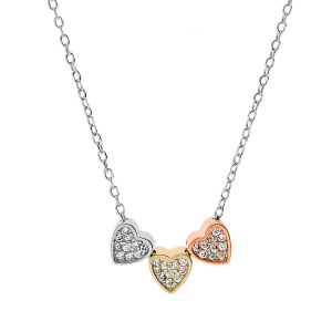 COLLIER ARGENT RHODIÉ 3 COEURS 3 TEINTES DORURE 40+5CM