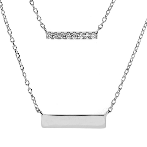COLLIER ARGENT RHODIÉ DOUBLE CHAINE 2 MOTIFS RECTANGULAIRE 1 AVEC OXYDES BLANCS SERTIS ET 1 LISSE 40+5CM