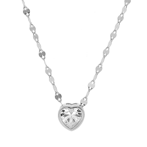 COLLIER ARGENT RHODIÉ PENDENTIF COEUR OXYDE BLANC SERTI  40+5CM