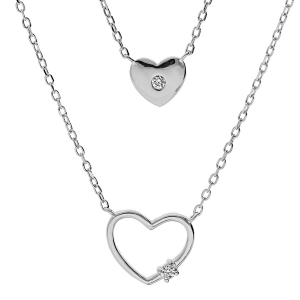 COLLIER ARGENT RHODIÉ DOUBLE CHAINE AVEC COEUR  40+5CM