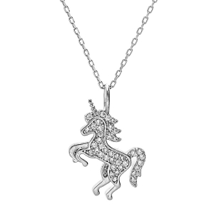 COLLER ARGENT RHODIÉ PENDENTIF MASSIF LICORNE OXYDES BLANCS SERTIS 38+5CM