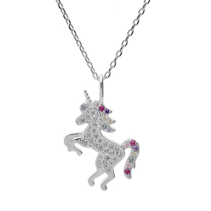COLLER ARGENT RHODIÉ PENDENTIF MASSIF LICORNE OXYDES MULTI COULEURS SERTIS 38+5CM