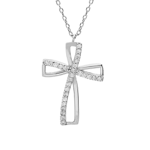 COLLIER ARGENT RHODIÉ PENDENTIF CROIX OXYDE BLANC SERTI 40+5CM