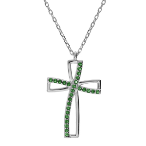 COLLIER ARGENT RHODIÉ PENDENTIF CROIX OXYDE VERT SERTI 40+5CM