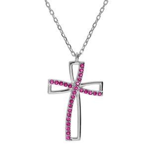 COLLIER ARGENT RHODIÉ PENDENTIF CROIX OXYDE ROSE SERTI 40+5CM