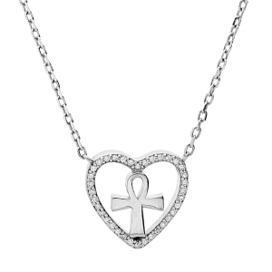 COLLIER ARGENT RHODIÉ PENDENTIF COEUR ÉVIDÉ CROIX LISSE CONTOUR OXYDES BLANCS SERTIS 40+5CM