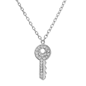 COLLIER ARGENT RHODIÉ CLEF OXYDES BLANCS SERTIS 40+3CM