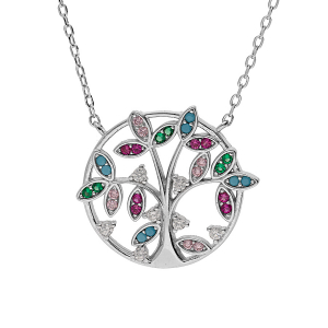 COLLIER ARGENT RHODIÉ ARBRE DE VIE OXYDES MULTI COULEURS 40+4CM