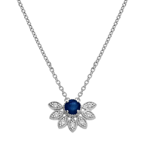 COLLIER ARGENT RHODIÉ DEMI FLEUR SAPHIR VÉRITABLE ET TOPAZES BLANCHES 42+3CM