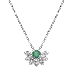 COLLIER ARGENT RHODIÉ DEMI FLEUR EMERAUDE VÉRITABLE ET TOPAZES BLANCHES 42+3CM